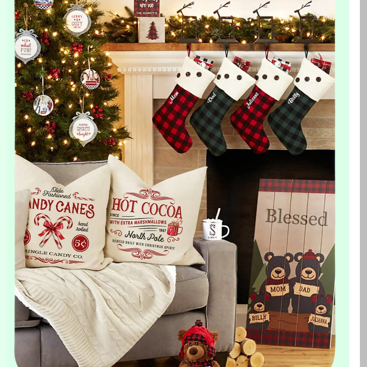 Winter Wonderland Farmhouse Pillow Covers - Set of 4 Rustic Holiday Xmas Decor Cushion Cases for Couch - Tree, Candy Canes, Cocoa, Sleigh Rides - 18x18"