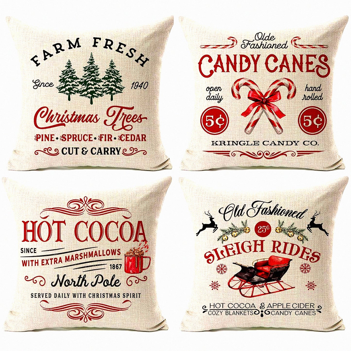 Winter Wonderland Farmhouse Pillow Covers - Set of 4 Rustic Holiday Xmas Decor Cushion Cases for Couch - Tree, Candy Canes, Cocoa, Sleigh Rides - 18x18"