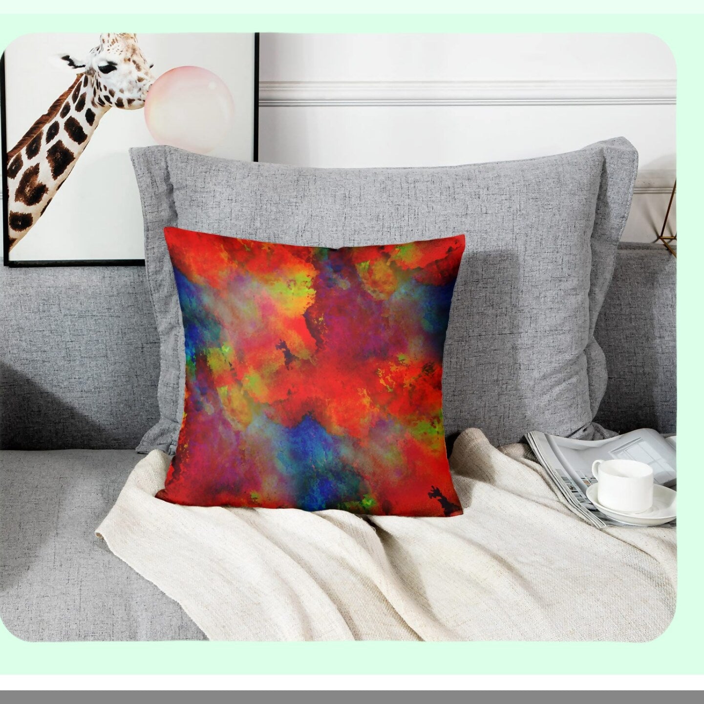 Spring Splash Watercolor Pillow Covers - Colorful Abstract Orange Red Blue Yellow Purple Polyester 18x18 Inch Square Decorative Pillowcase with Hidden Zipper
