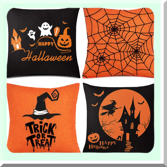 Halloween Happy Pillow Cover Set - Orange and Black Trick or Treat Linen Cushion Case 16x16 Inch for Home Office Sofa Bed Decoration, 4pcs