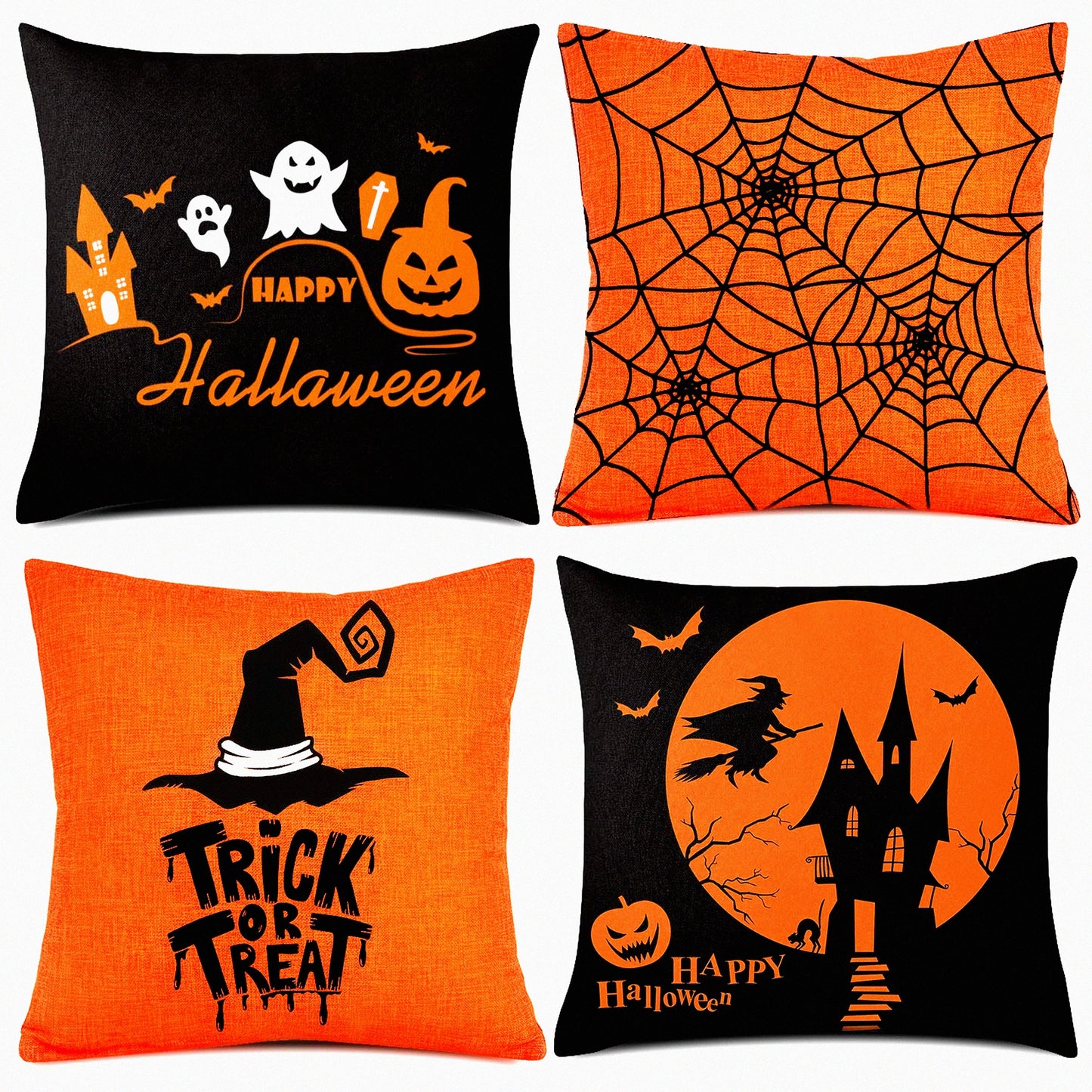 Halloween Happy Pillow Cover Set - Orange and Black Trick or Treat Linen Cushion Case 16x16 Inch for Home Office Sofa Bed Decoration, 4pcs