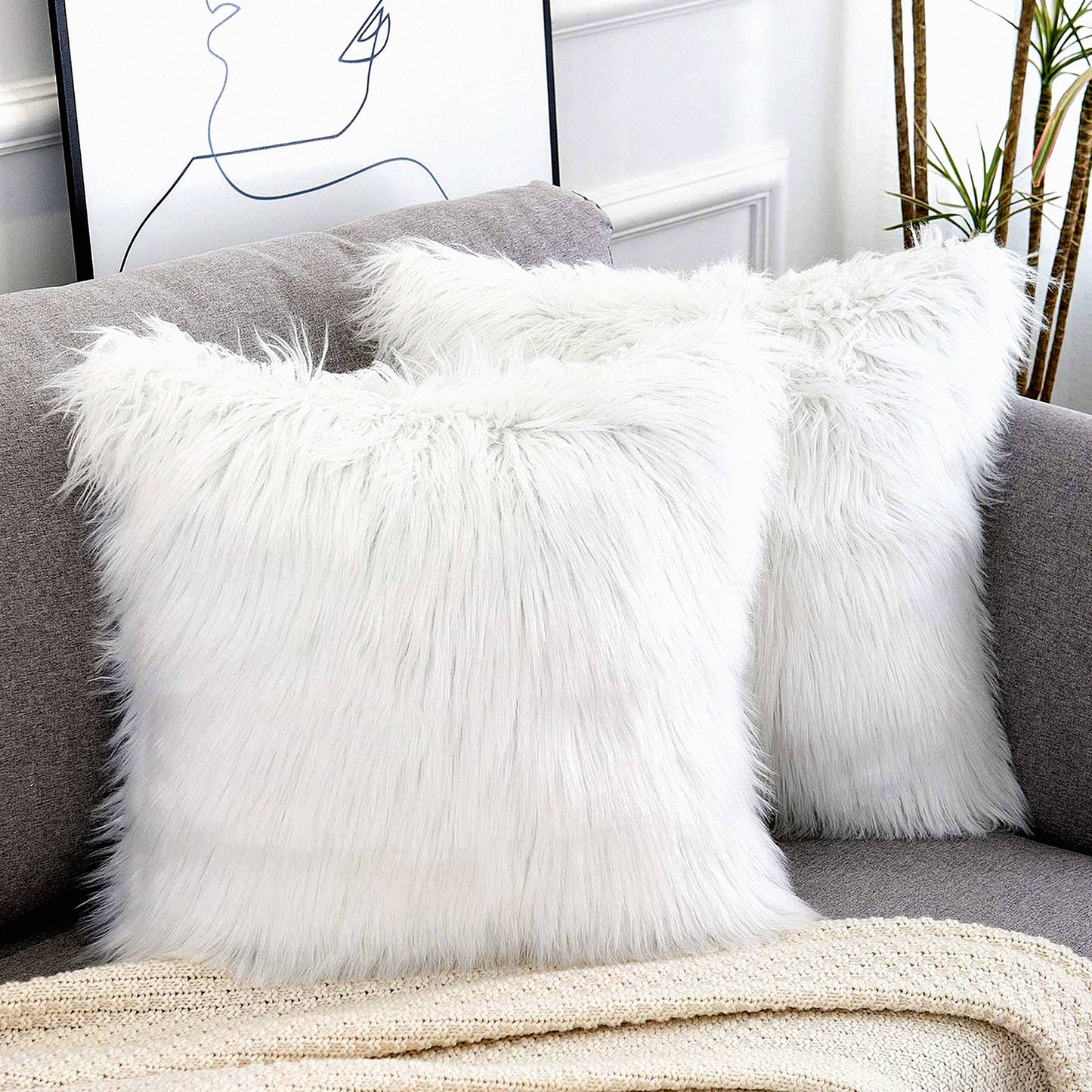 Luxury Merino Fluffy Pillow Covers - Set of 2 White Decorative Square Cushion Cases, New Series Throw Pillow Covers 16x16 Inch, Soft and Cozy