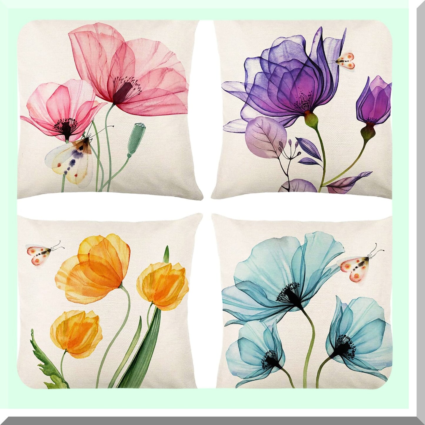 Watercolor Tulip Bloom Pillow Covers - Set of 4 Farmhouse Floral Cushion Cases for Couch Sofa Decor - Pink Yellow Purple Blue Flower Throw Pillow 18x18"