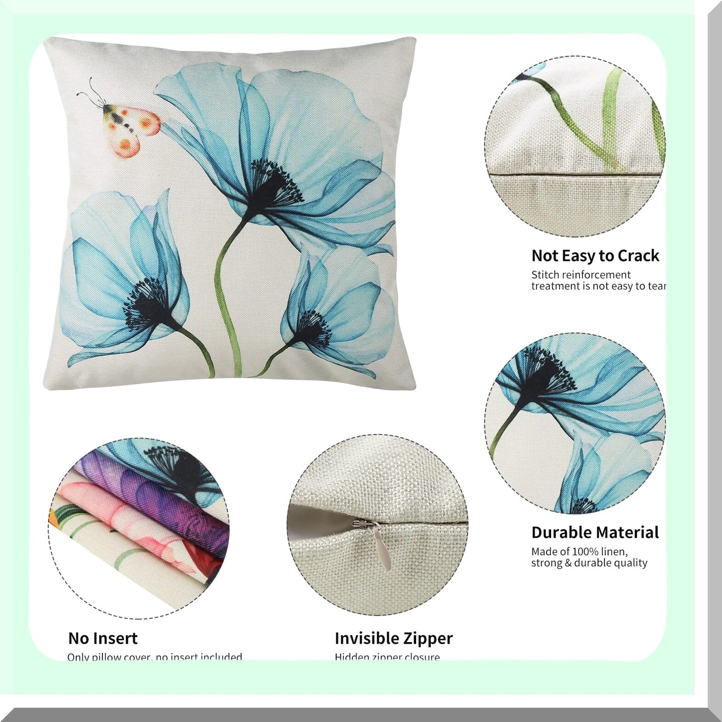 Watercolor Tulip Bloom Pillow Covers - Set of 4 Farmhouse Floral Cushion Cases for Couch Sofa Decor - Pink Yellow Purple Blue Flower Throw Pillow 18x18"