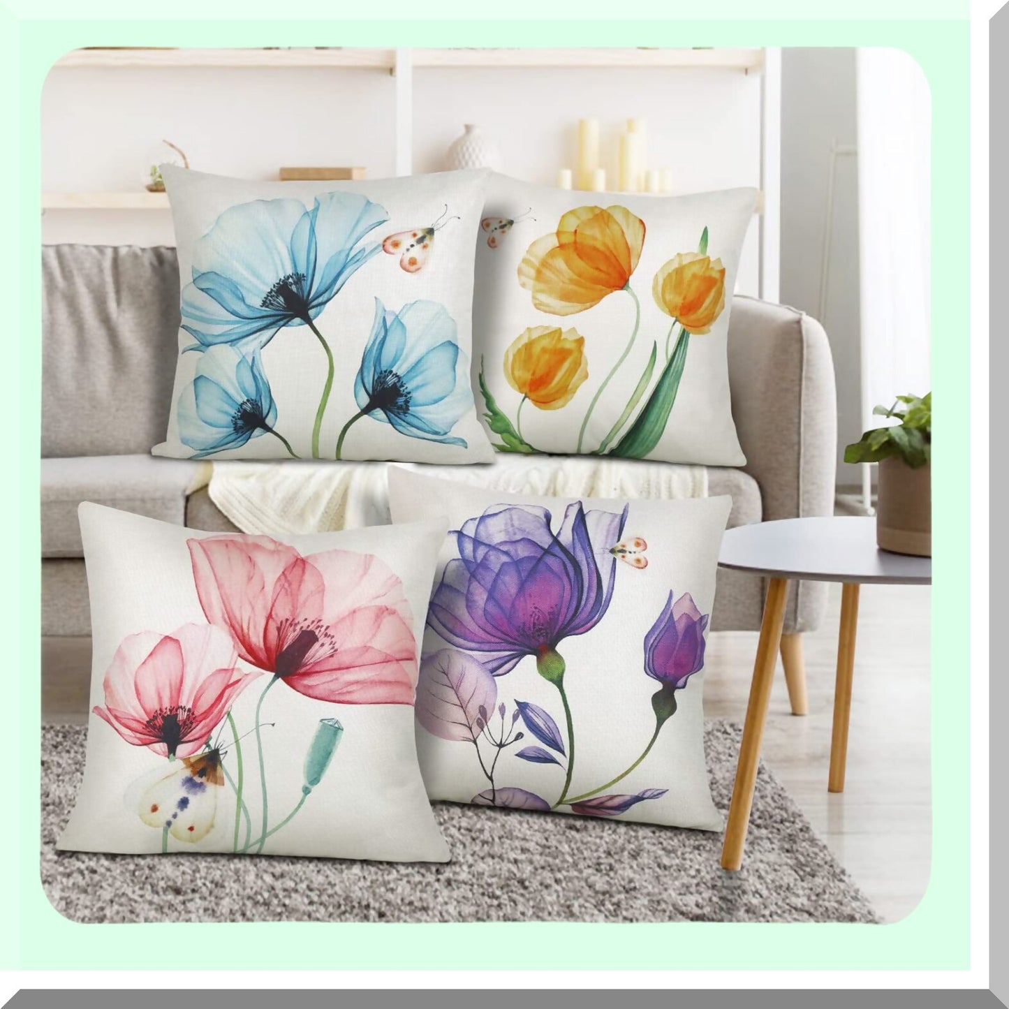 Watercolor Tulip Bloom Pillow Covers - Set of 4 Farmhouse Floral Cushion Cases for Couch Sofa Decor - Pink Yellow Purple Blue Flower Throw Pillow 18x18"
