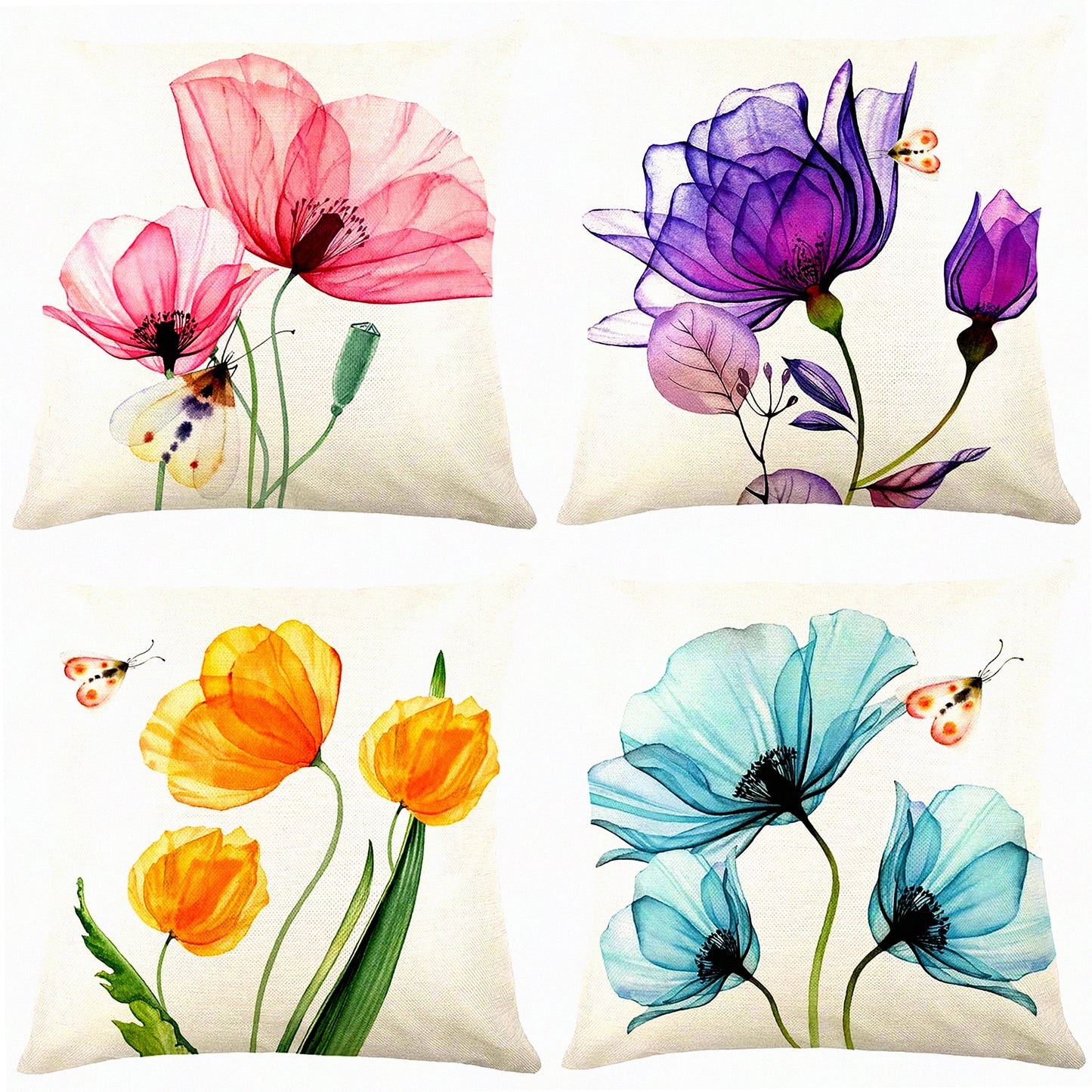 Watercolor Tulip Bloom Pillow Covers - Set of 4 Farmhouse Floral Cushion Cases for Couch Sofa Decor - Pink Yellow Purple Blue Flower Throw Pillow 18x18"