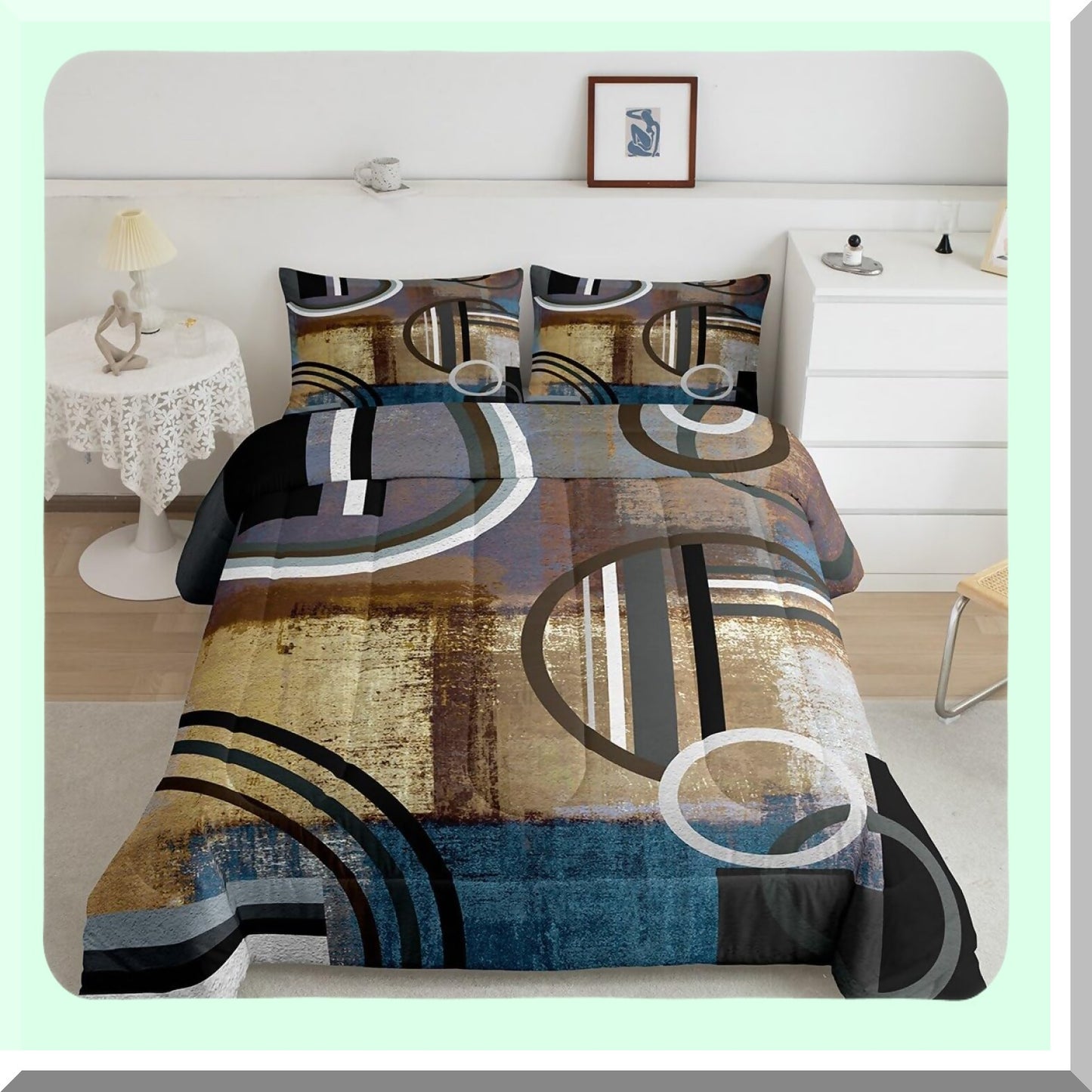 Geometric Grunge Comforter Set - Abstract Painting Style Bedding - Retro Vintage 3 Piece Duvet Set - Brown Black Blue Grey Swirls Stripes Down Comforter - Geometry Bedding Collection