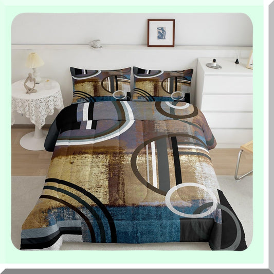 Geometric Grunge Comforter Set - Abstract Painting Style Bedding - Retro Vintage 3 Piece Duvet Set - Brown Black Blue Grey Swirls Stripes Down Comforter - Geometry Bedding Collection
