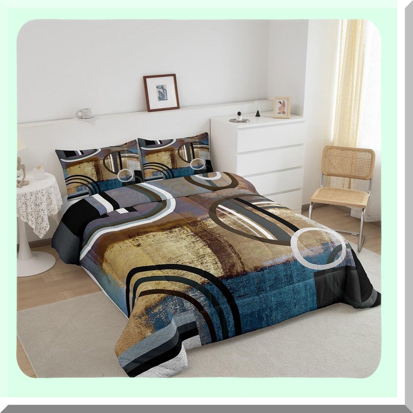 Geometric Grunge Comforter Set - Abstract Painting Style Bedding - Retro Vintage 3 Piece Duvet Set - Brown Black Blue Grey Swirls Stripes Down Comforter - Geometry Bedding Collection