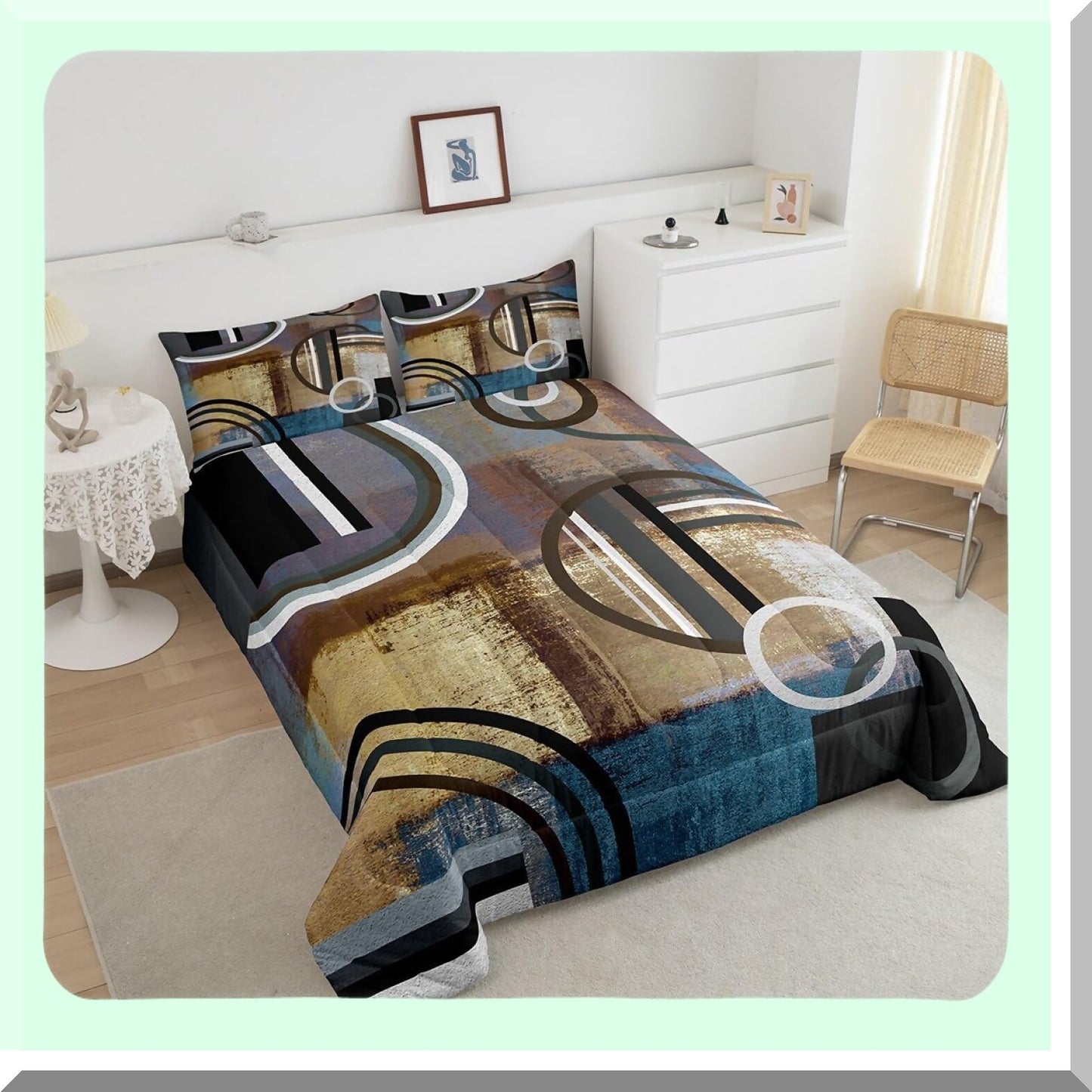 Geometric Grunge Comforter Set - Abstract Painting Style Bedding - Retro Vintage 3 Piece Duvet Set - Brown Black Blue Grey Swirls Stripes Down Comforter - Geometry Bedding Collection