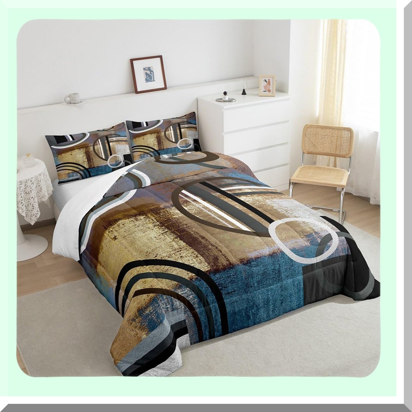 Geometric Grunge Comforter Set - Abstract Painting Style Bedding - Retro Vintage 3 Piece Duvet Set - Brown Black Blue Grey Swirls Stripes Down Comforter - Geometry Bedding Collection