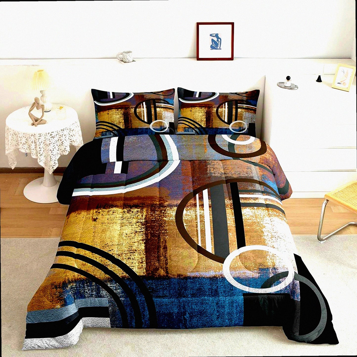 Geometric Grunge Comforter Set - Abstract Painting Style Bedding - Retro Vintage 3 Piece Duvet Set - Brown Black Blue Grey Swirls Stripes Down Comforter - Geometry Bedding Collection