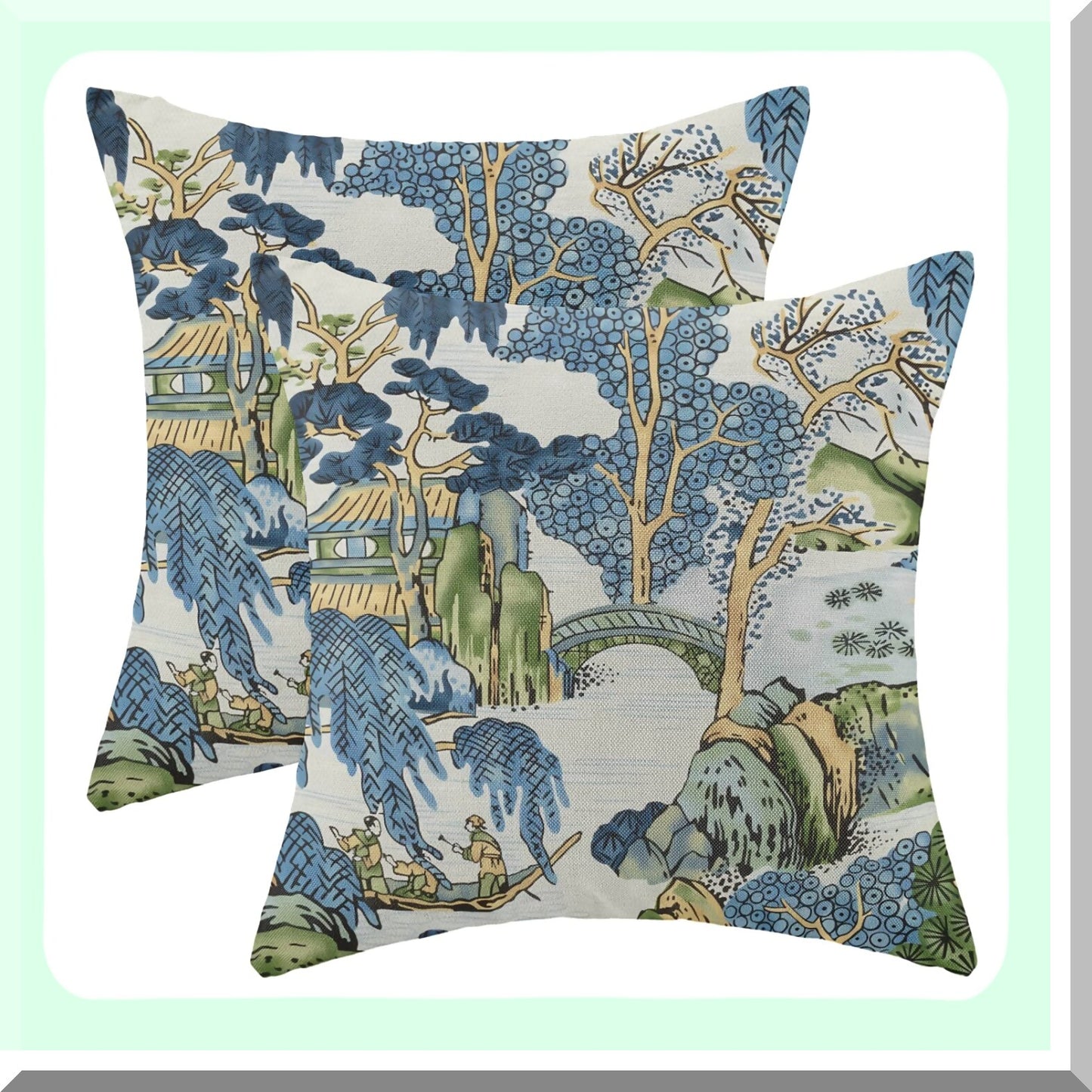 Vintage Chinoiserie Scenic Pillow Covers - Set of 2, Blue Green Asian Decorative Cushion Cases for Farmhouse Sofa, Outdoor Home Decor - 18x18 Linen Throw Pillows