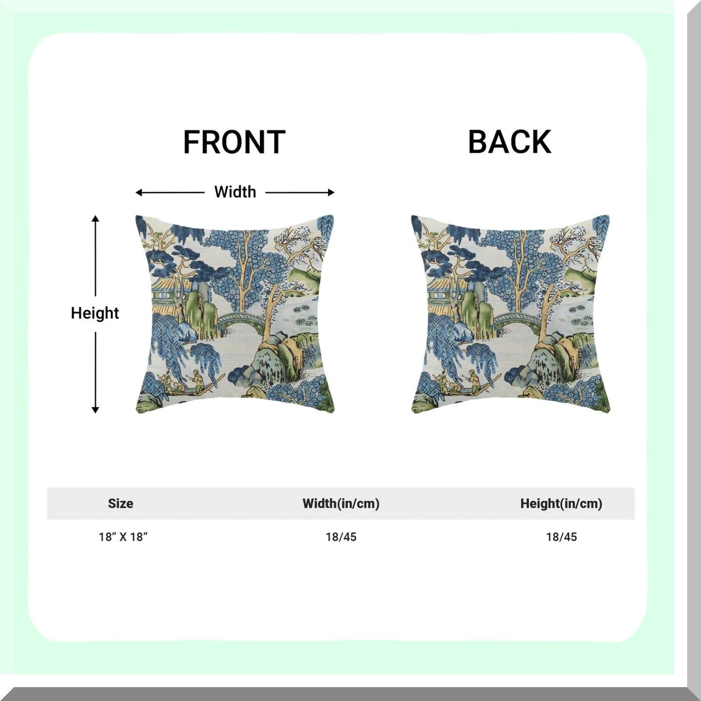 Vintage Chinoiserie Scenic Pillow Covers - Set of 2, Blue Green Asian Decorative Cushion Cases for Farmhouse Sofa, Outdoor Home Decor - 18x18 Linen Throw Pillows
