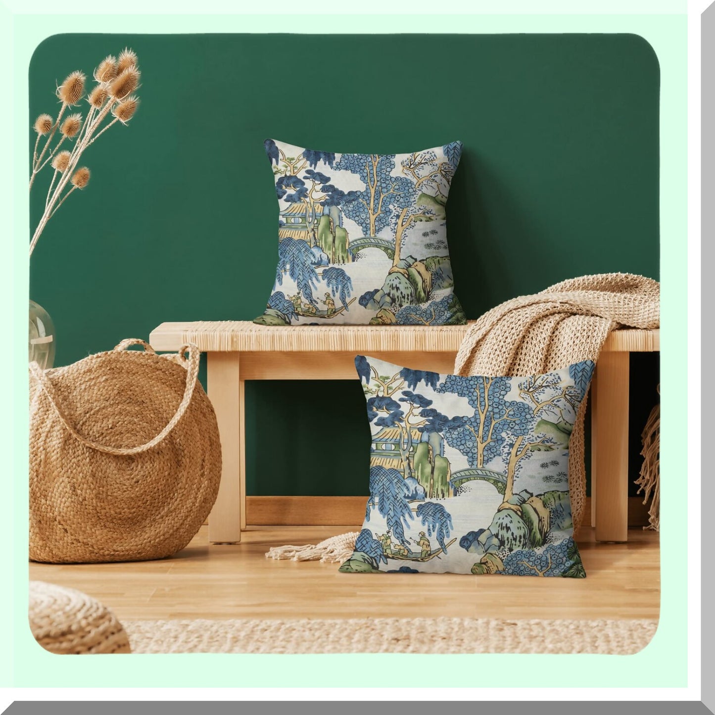 Vintage Chinoiserie Scenic Pillow Covers - Set of 2, Blue Green Asian Decorative Cushion Cases for Farmhouse Sofa, Outdoor Home Decor - 18x18 Linen Throw Pillows