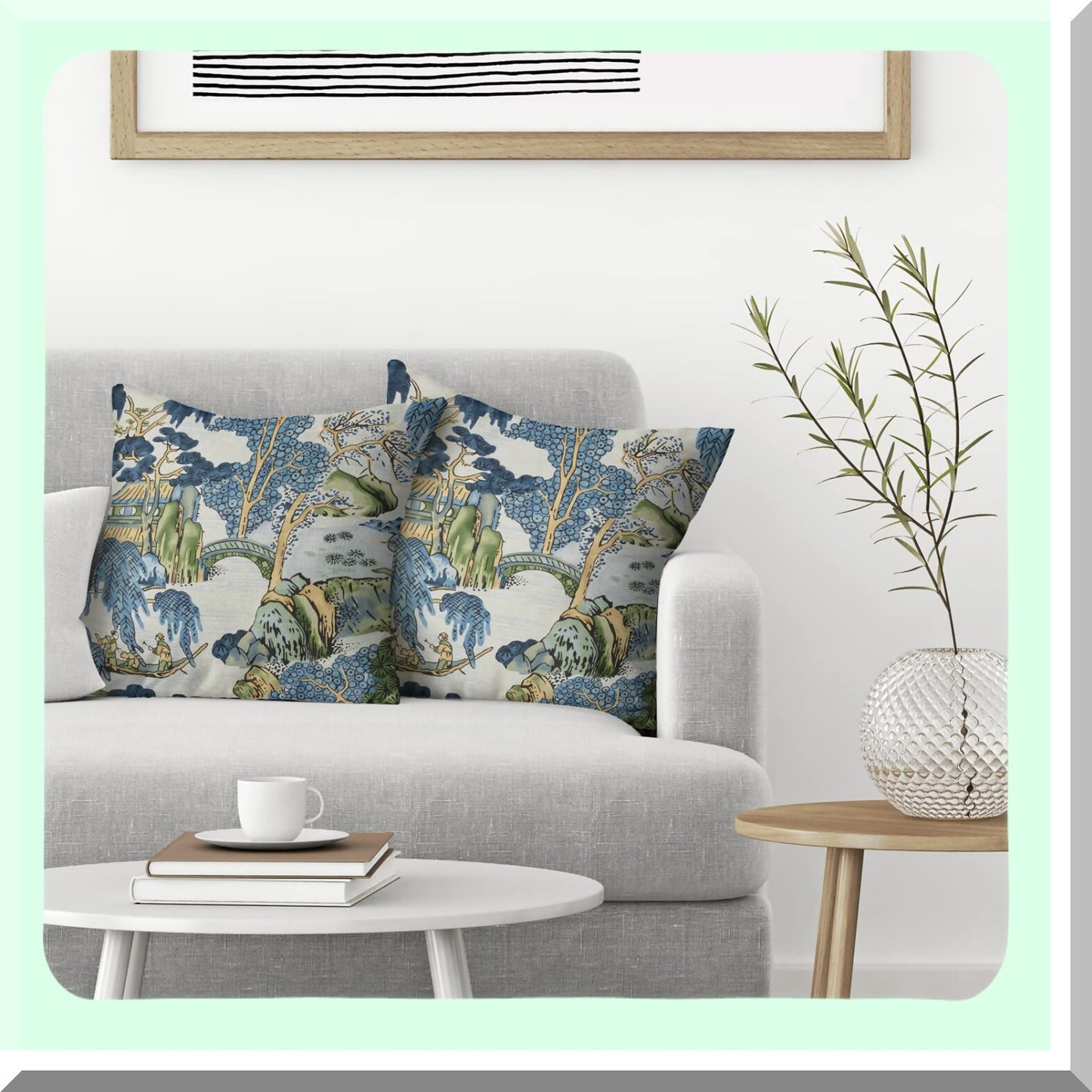 Vintage Chinoiserie Scenic Pillow Covers - Set of 2, Blue Green Asian Decorative Cushion Cases for Farmhouse Sofa, Outdoor Home Decor - 18x18 Linen Throw Pillows