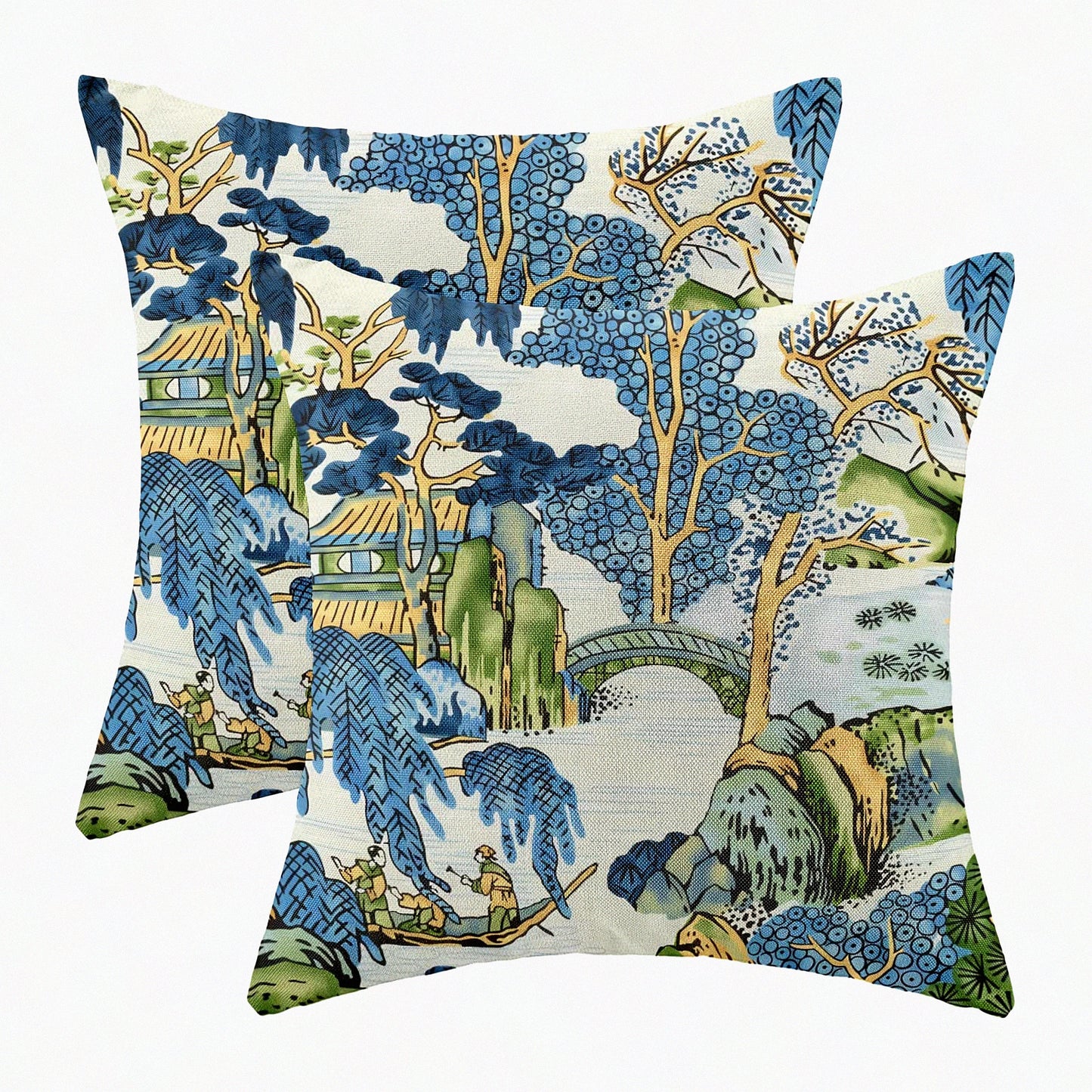 Vintage Chinoiserie Scenic Pillow Covers - Set of 2, Blue Green Asian Decorative Cushion Cases for Farmhouse Sofa, Outdoor Home Decor - 18x18 Linen Throw Pillows