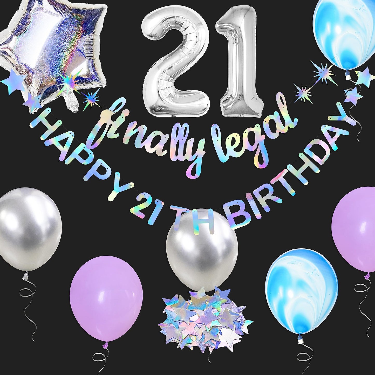 Iridescent 21st Birthday Celebration Kit - Banner, Garland, Balloon Set for Girls & Boys - Happy 21st Birthday Decorations Party Supplies