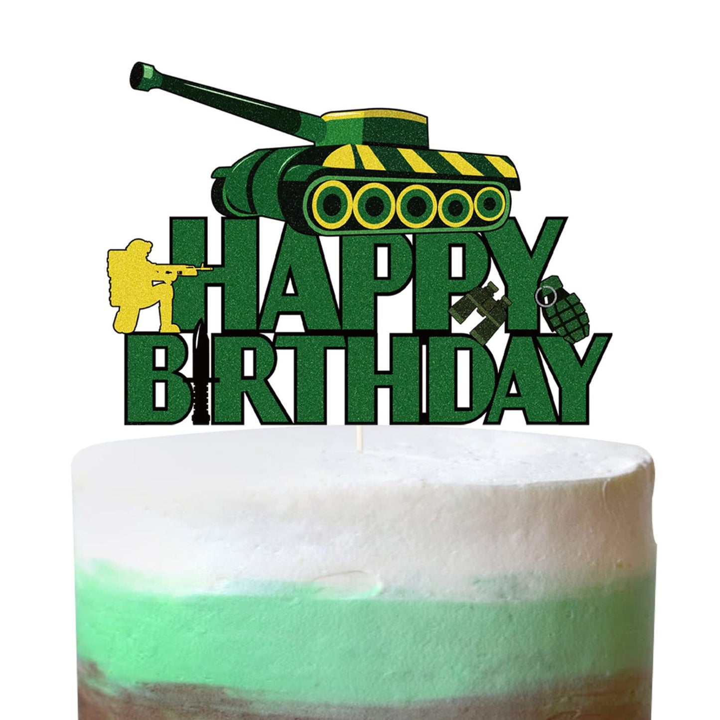 Camouflage Tank Birthday Cake Topper - Glitter Green Soldier Decorations for Army Military Theme Party Supplies - Boy's Birthday Celebration - 1Pcs