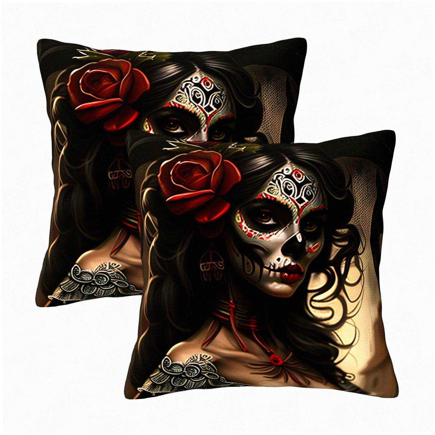 Day of The Dead Skull Decorative Pillow Covers - Set of 2, 18x18 Inch Couch Pillows for Mexican Dia De Los Muertos Decoration - Unique Home Decor