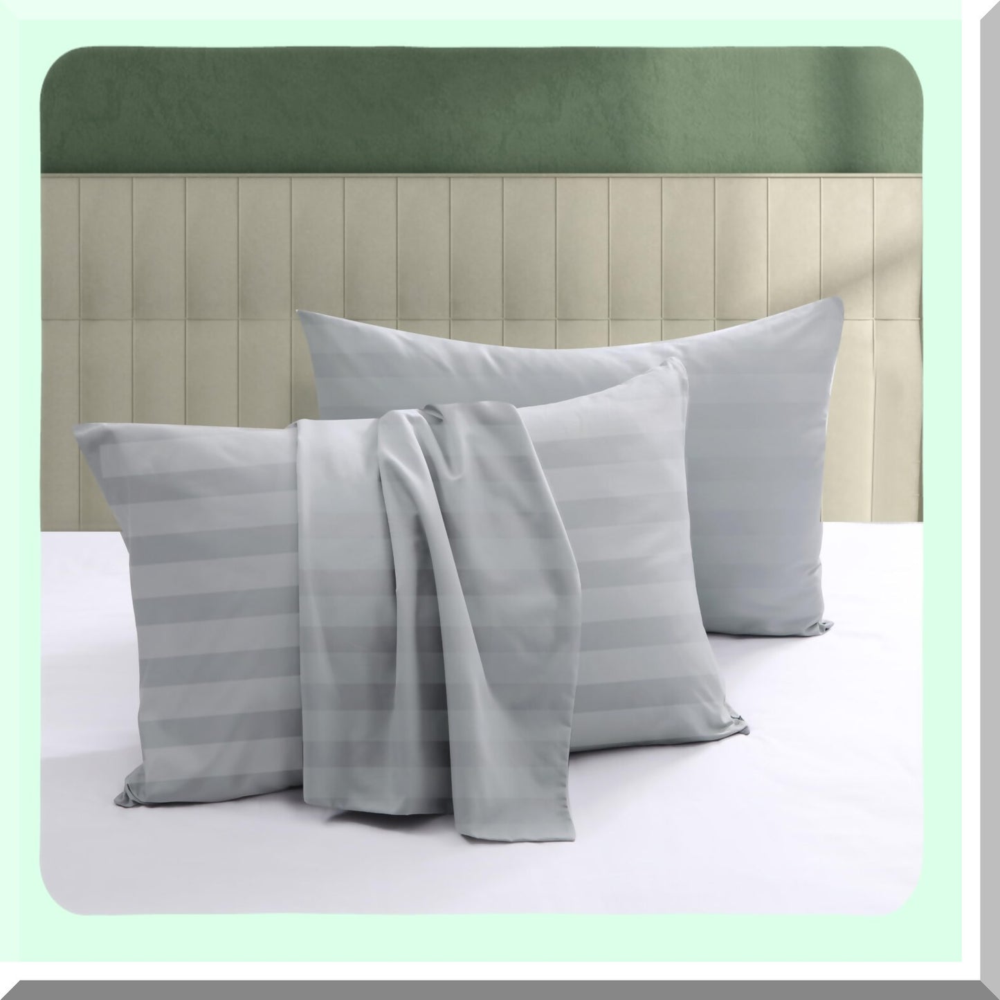 CoolCotton PillowGuard Set - 600TC Zippered Pillow Cases, Sateen Weave, Quiet & Breathable, Easy Care - 4PCS Striped Gray - Size Bed Pillow Protectors