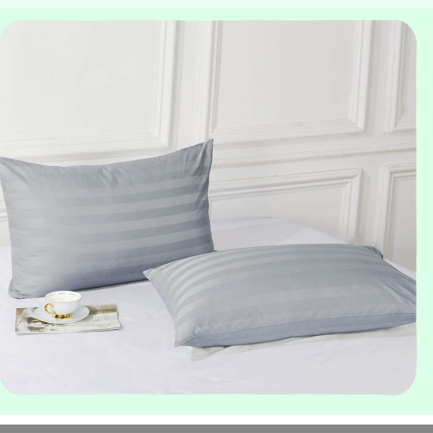 CoolCotton PillowGuard Set - 600TC Zippered Pillow Cases, Sateen Weave, Quiet & Breathable, Easy Care - 4PCS Striped Gray - Size Bed Pillow Protectors