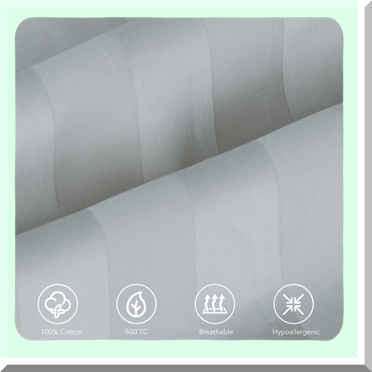 CoolCotton PillowGuard Set - 600TC Zippered Pillow Cases, Sateen Weave, Quiet & Breathable, Easy Care - 4PCS Striped Gray - Size Bed Pillow Protectors