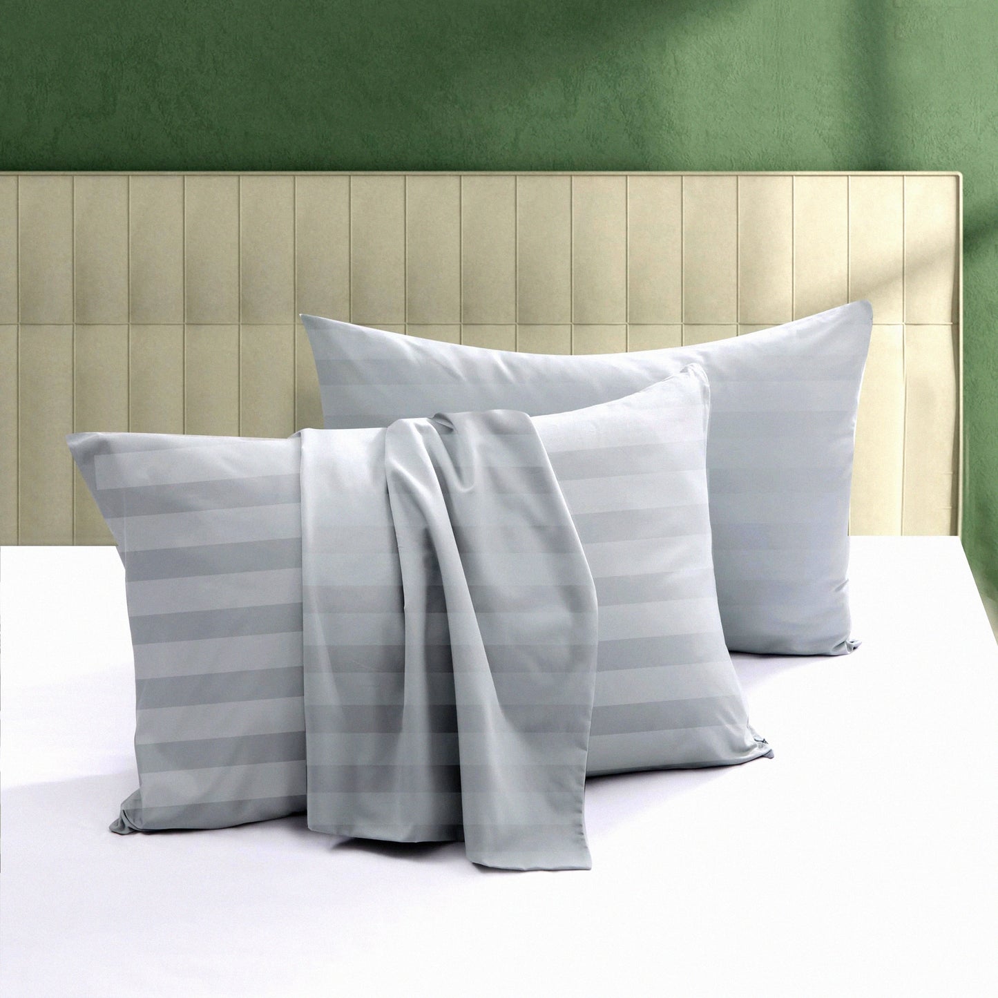 CoolCotton PillowGuard Set - 600TC Zippered Pillow Cases, Sateen Weave, Quiet & Breathable, Easy Care - 4PCS Striped Gray - Size Bed Pillow Protectors