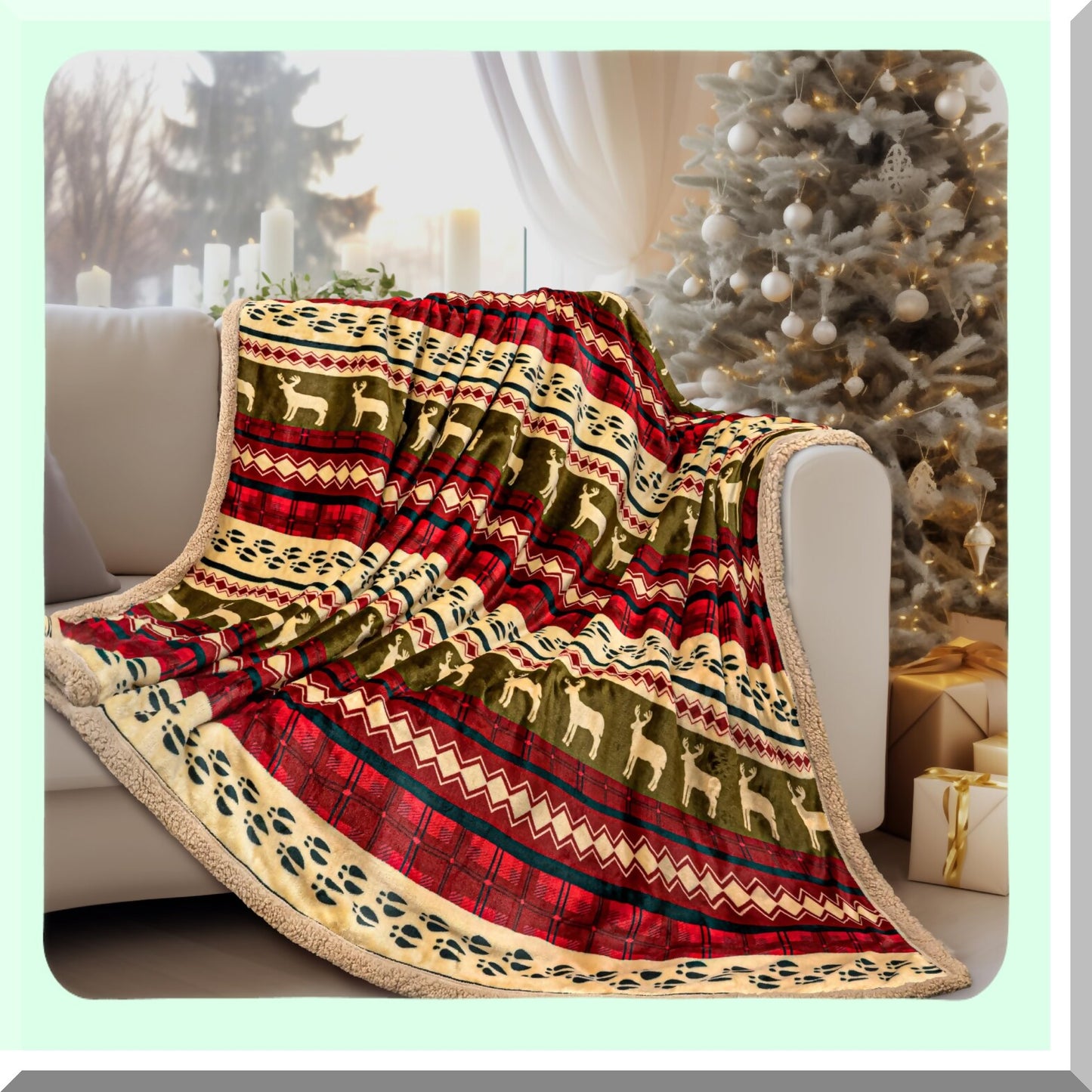 CozyReindeer Sherpa Fleece Throw - Plush Reversible Winter Cabin Blanket for Sofa & Couch, 50x60