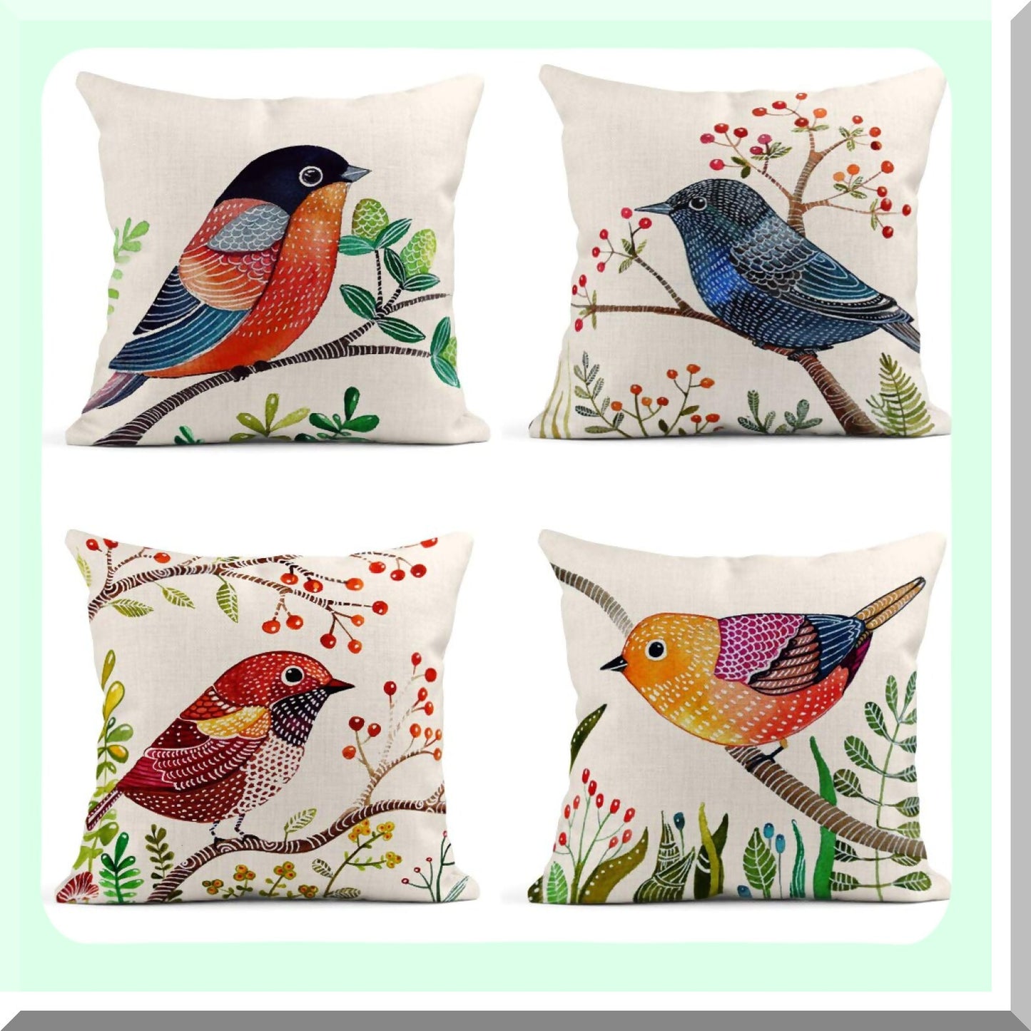 Colorful Bird Floral Linen Pillow Covers - Set of 4 18x18 Inches Decorative Cushion Cases for Bed Sofa, Retro Flying Animal Square Pillowcases