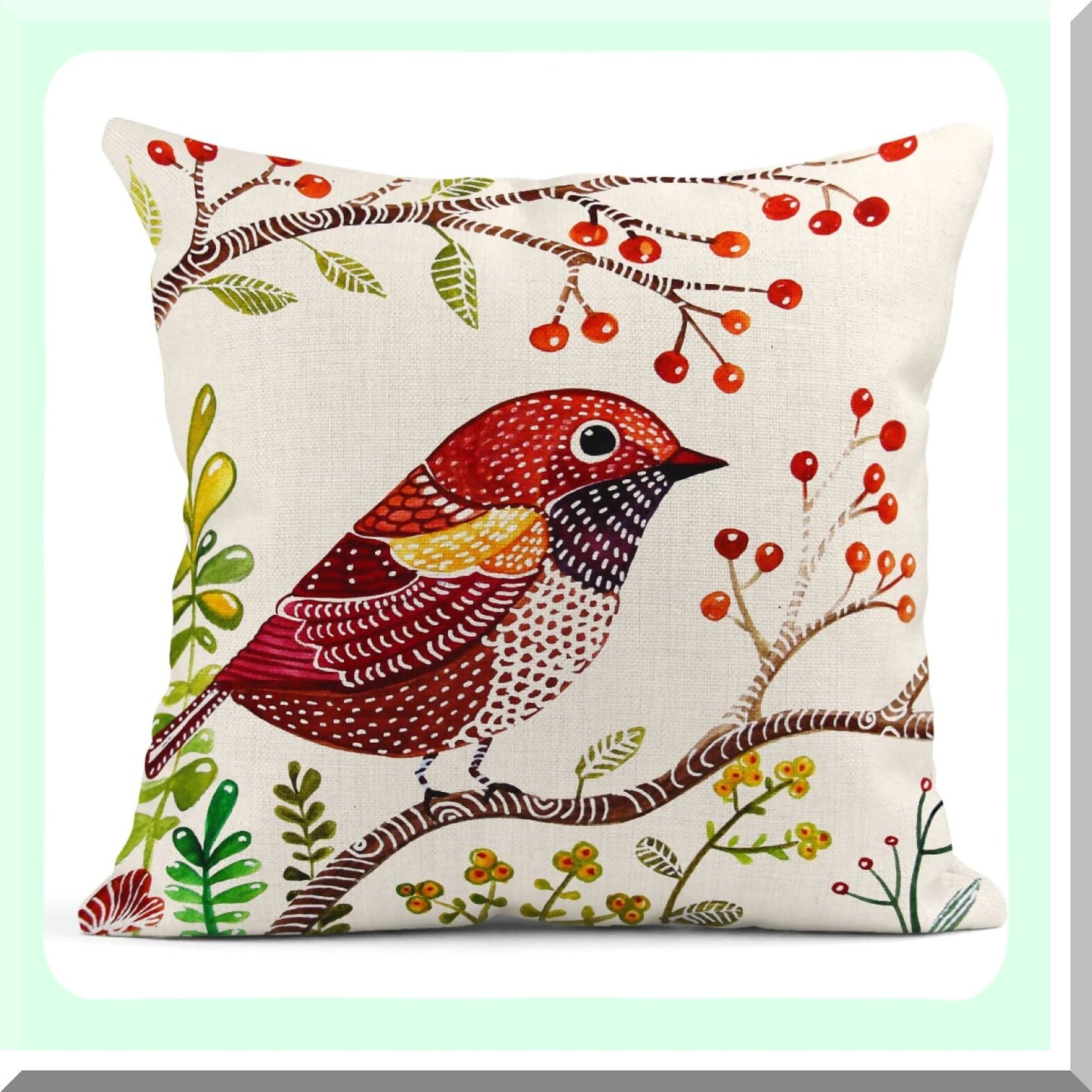 Colorful Bird Floral Linen Pillow Covers - Set of 4 18x18 Inches Decorative Cushion Cases for Bed Sofa, Retro Flying Animal Square Pillowcases