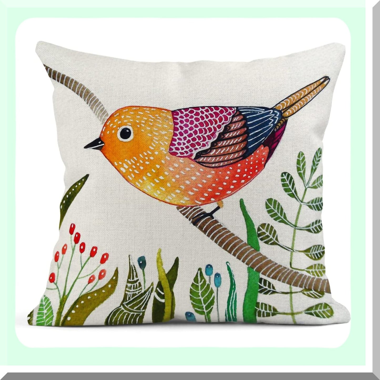 Colorful Bird Floral Linen Pillow Covers - Set of 4 18x18 Inches Decorative Cushion Cases for Bed Sofa, Retro Flying Animal Square Pillowcases