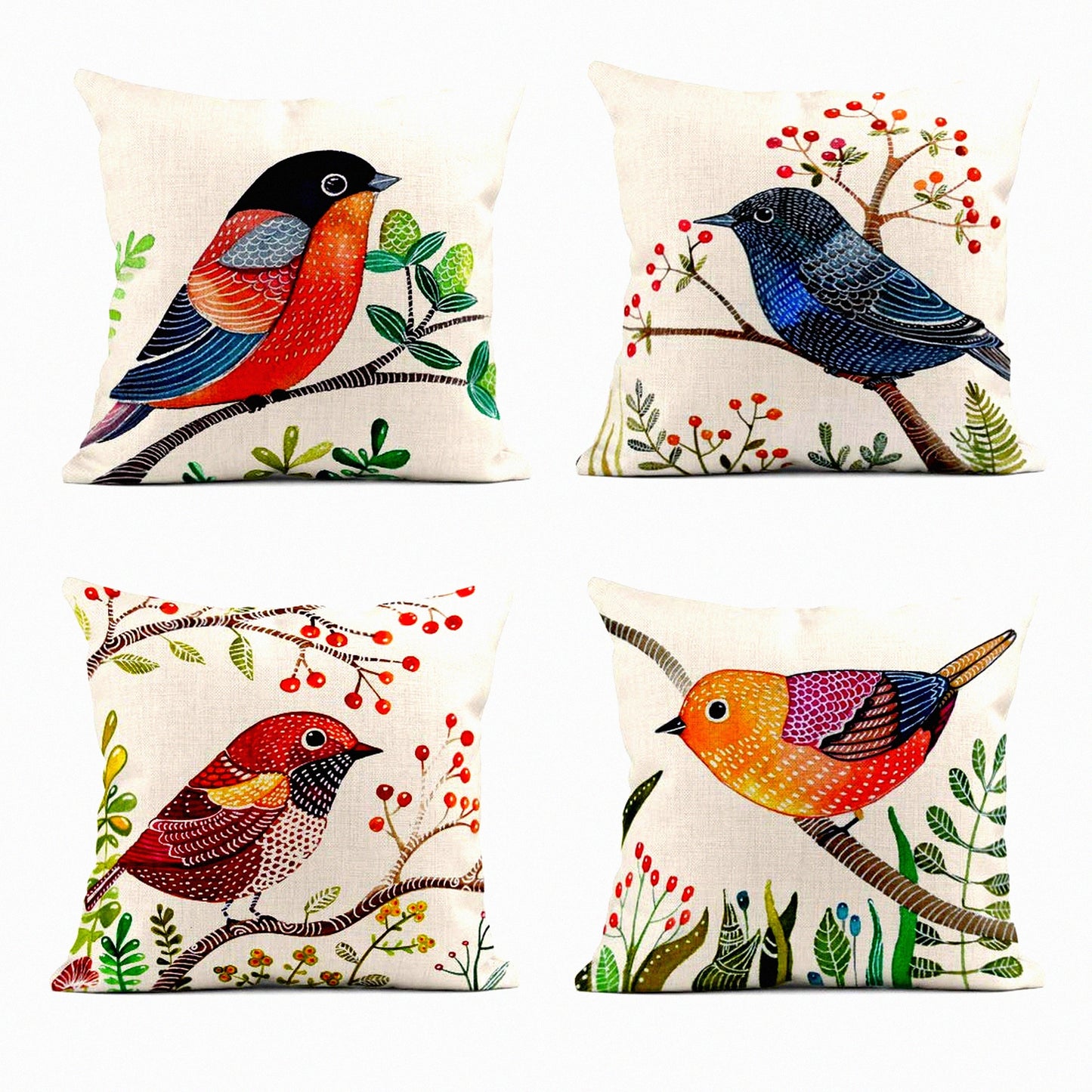 Colorful Bird Floral Linen Pillow Covers - Set of 4 18x18 Inches Decorative Cushion Cases for Bed Sofa, Retro Flying Animal Square Pillowcases