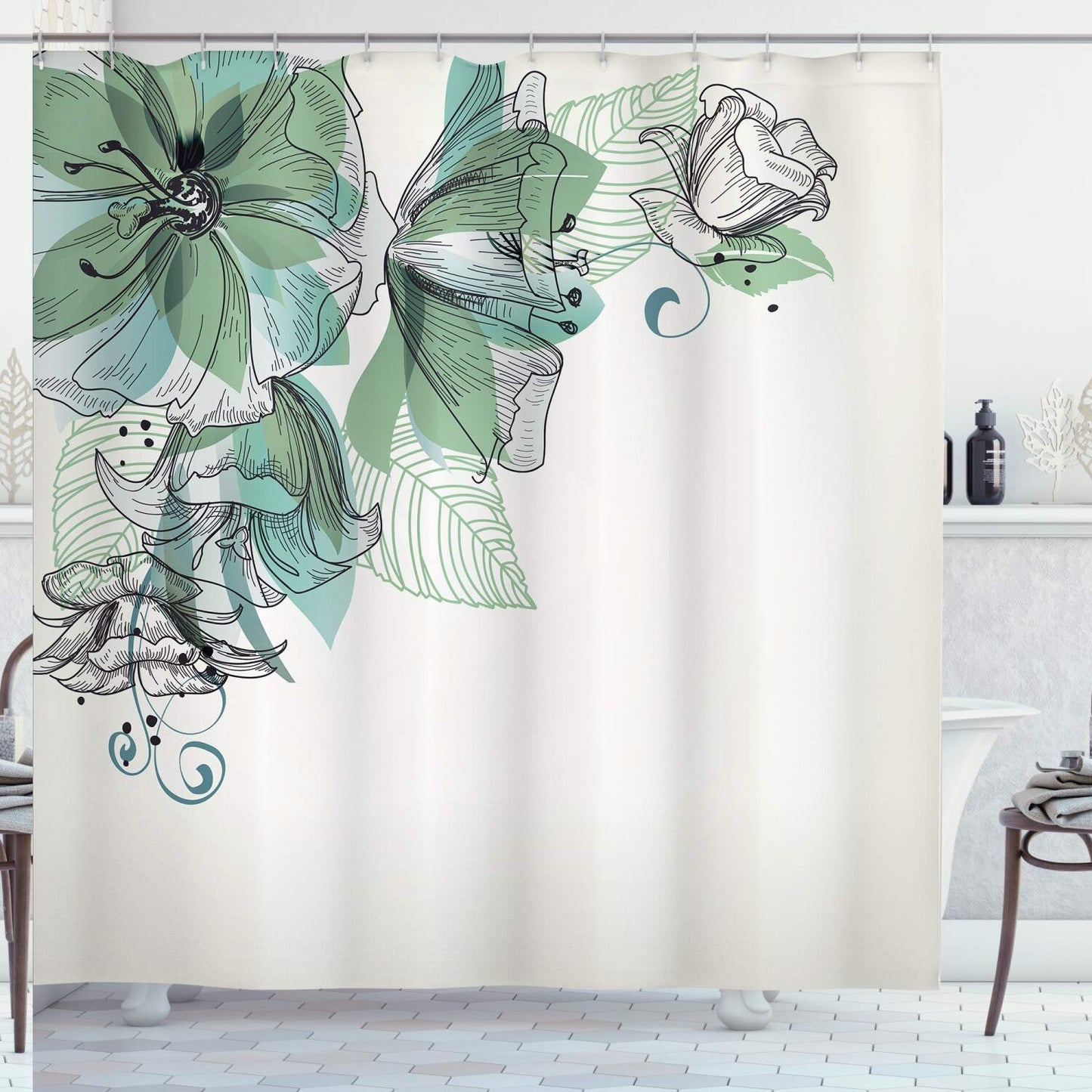 Flowers Shower Curtain with Buds Leaf Design, 69" x 75"