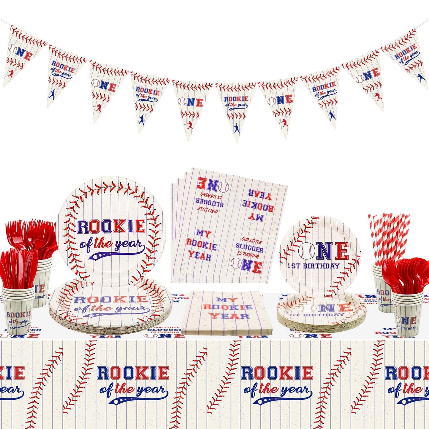 Baseball Rookie Party Pack - Complete set for 1st Birthday Boys! Includes Banner, Tablecloth, Plates, Napkins, Cups, Straws. Serves 20 Guests. Celebrate in style!