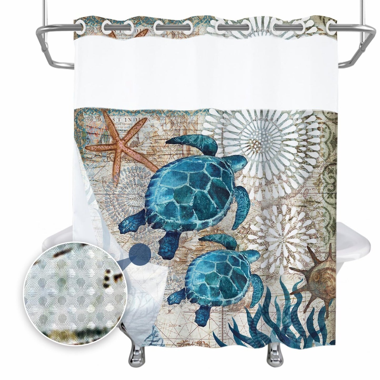 Green and Teal Sea Turtle Waffle Weave Shower Curtain 72x74
