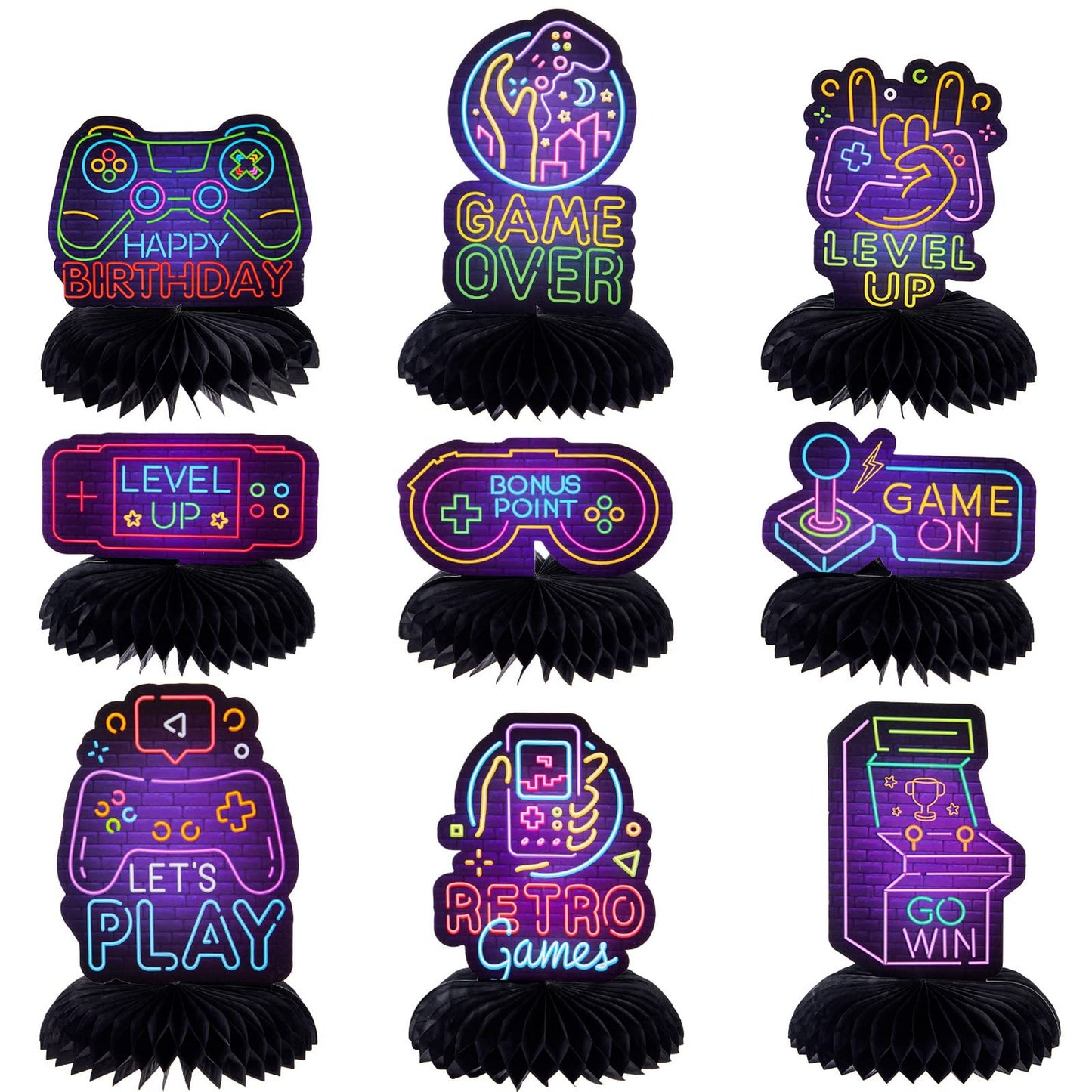 Neon Game Party Centerpieces - Set of 9 Neon Video Game Honeycomb Table Decorations for Video Game Themed Birthday or Baby Shower Parties