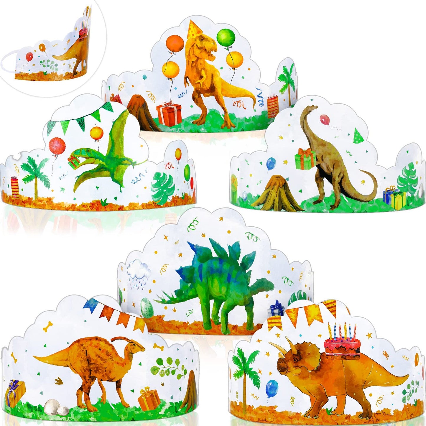 DinoCrown Party Pack - 30 Pcs Dinosaur Paper Hats for Kids Birthday Celebration. Includes 6 Fun Styles for Boys and Girls Theme Parties.