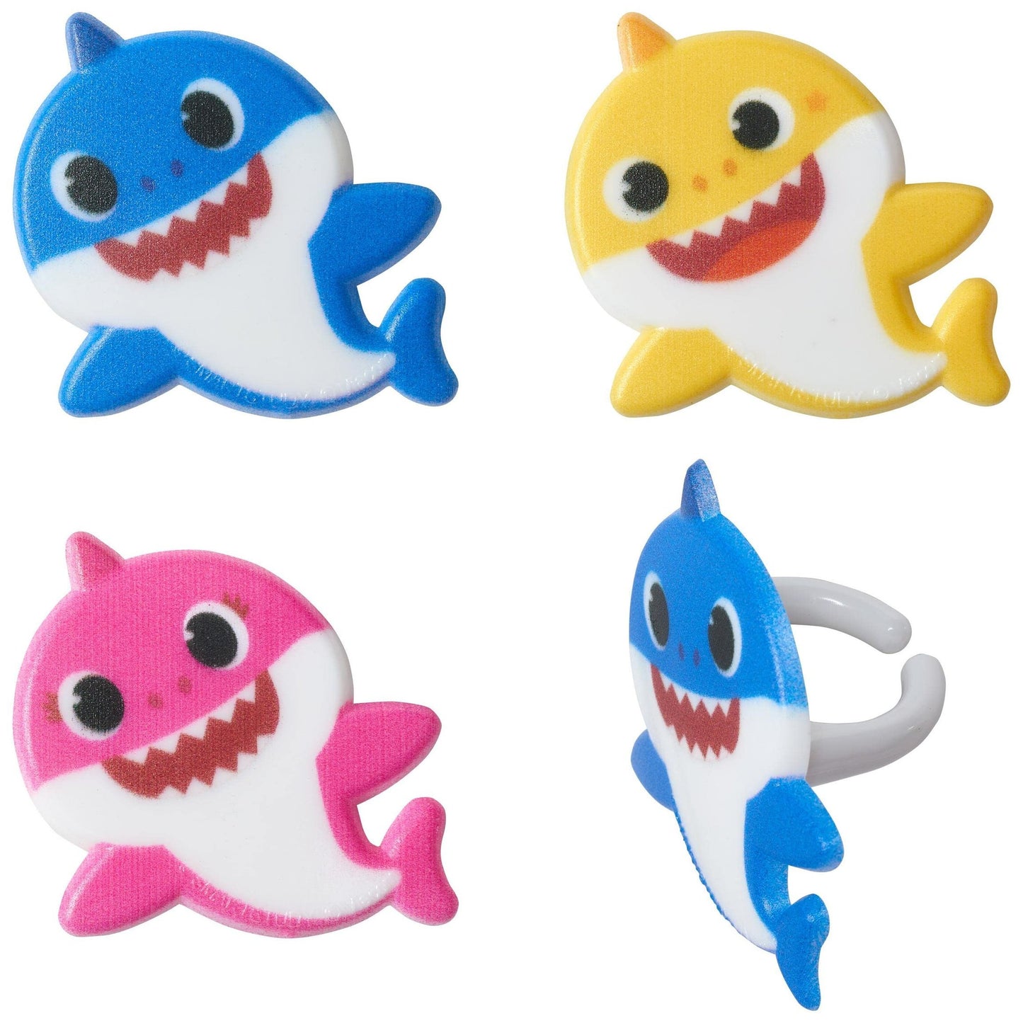 Shark Family Cake Toppers - Baby, Mommy, Daddy - 3D Rings for Cupcakes - Blue, Pink, Yellow - Food Safe Decorations - 24 Pack