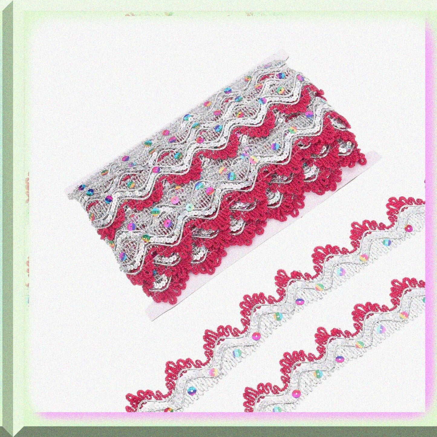 10 Yard Sequin Beaded Lace Trim 1.5 Inch Rose Red Silver