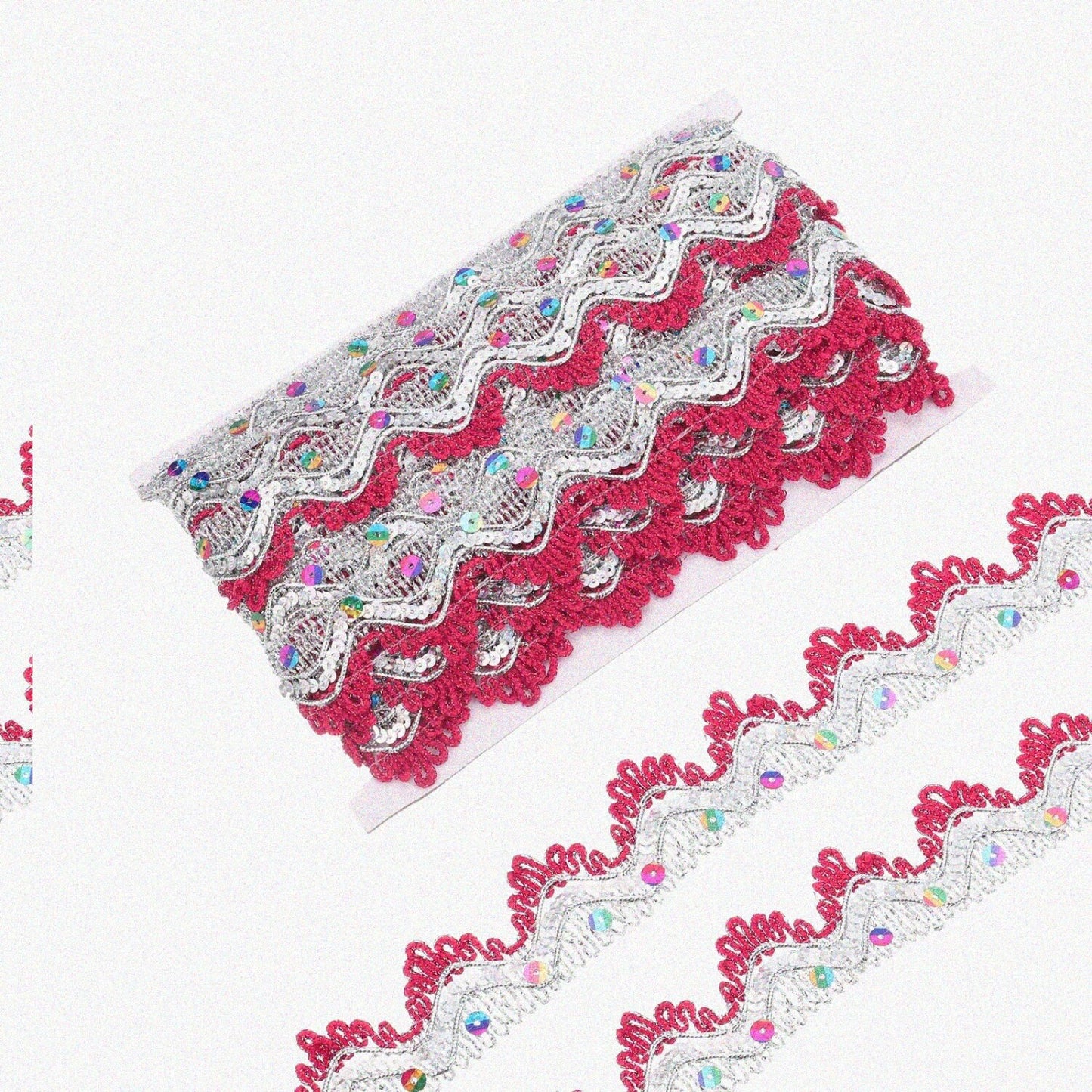 10 Yard Sequin Beaded Lace Trim 1.5 Inch Rose Red Silver