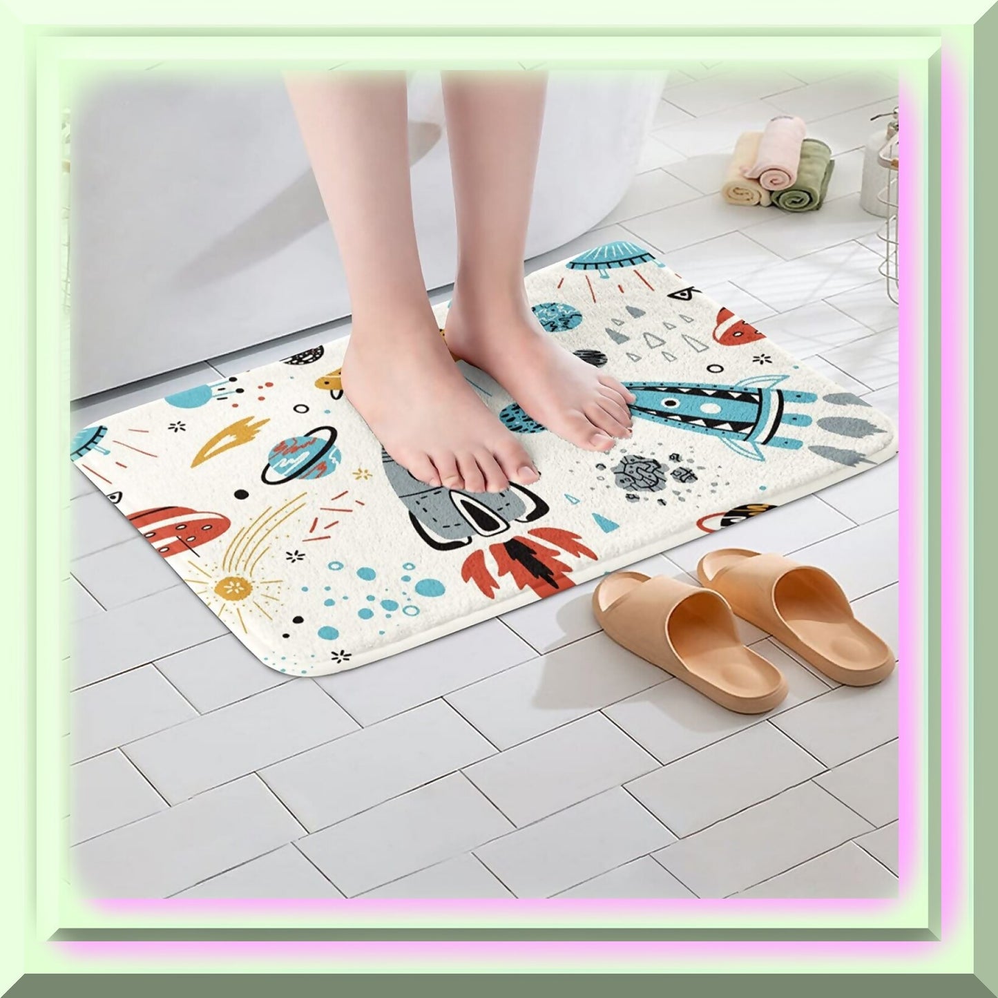 Space Rocket Bathroom Rug 16"x24" Slip-Resistant Shag