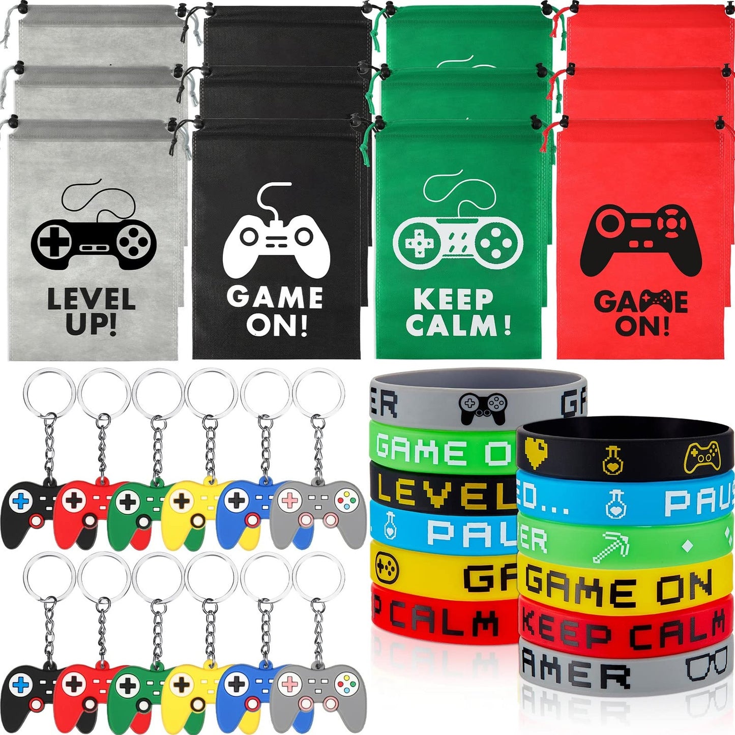 Gamer Fun Pack: 36-Piece Video Game Party Favors Set with Drawstring Bags, Silicone Bracelets, Wristbands, & Controller Keychains for Gaming Birthday Party.