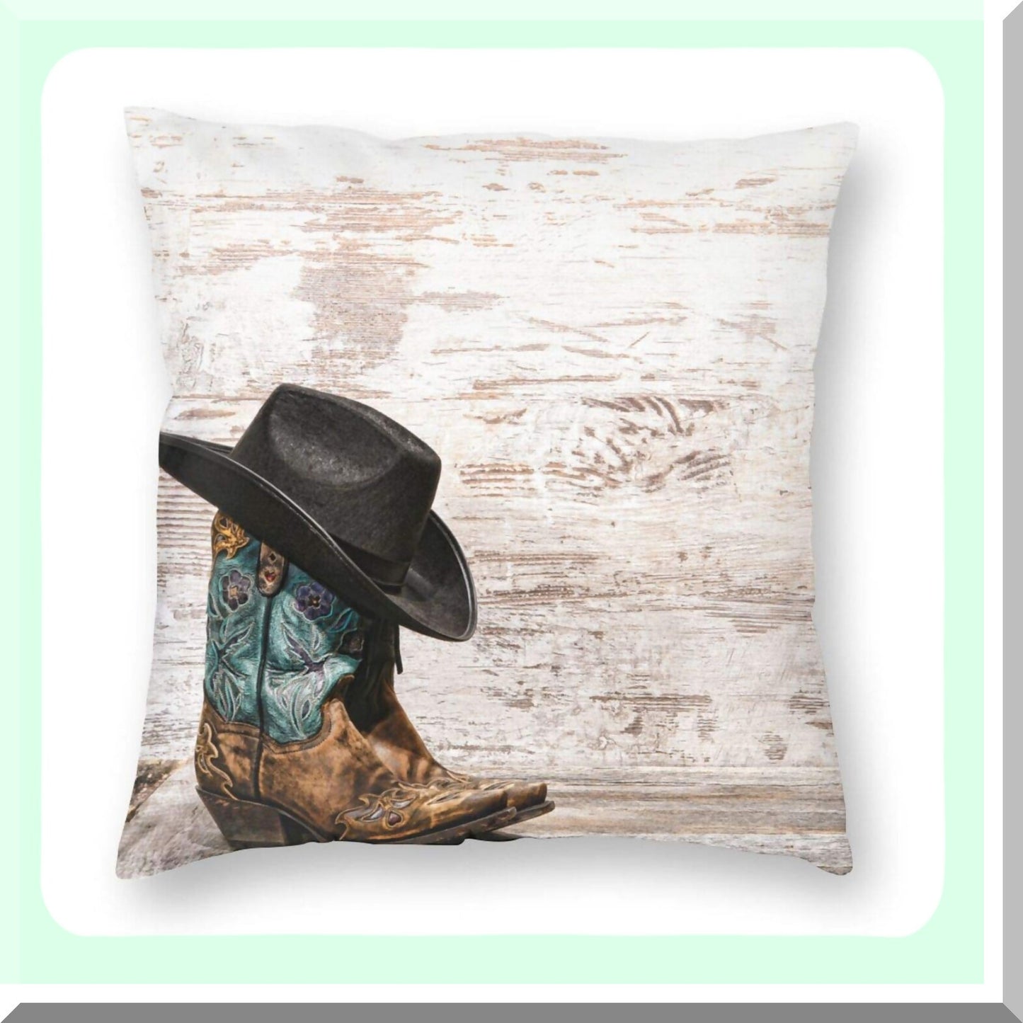 Rustic Western Cowboy Boots and Hat Decorative Pillow Covers - 18x18 Inch Square Cushion Case for Sofa, Couch, Bedroom, Patio - Standard Pillowcase