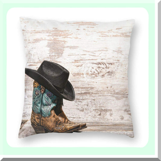 Rustic Western Cowboy Boots and Hat Decorative Pillow Covers - 18x18 Inch Square Cushion Case for Sofa, Couch, Bedroom, Patio - Standard Pillowcase