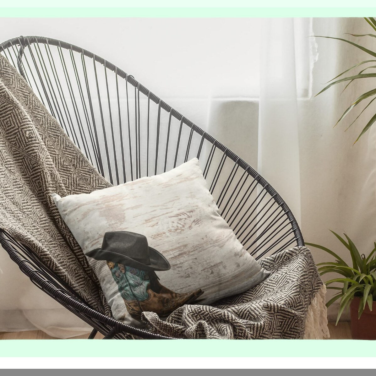 Rustic Western Cowboy Boots and Hat Decorative Pillow Covers - 18x18 Inch Square Cushion Case for Sofa, Couch, Bedroom, Patio - Standard Pillowcase