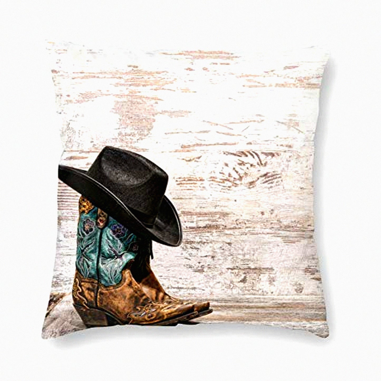 Rustic Western Cowboy Boots and Hat Decorative Pillow Covers - 18x18 Inch Square Cushion Case for Sofa, Couch, Bedroom, Patio - Standard Pillowcase