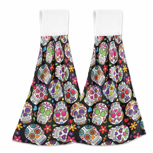 Colorful Floral Sugar Skull Black Kitchen Hand Towels 2 Pack