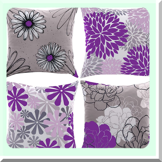 Floral Bliss Double-Sided Throw Pillow Covers - Set of 4 Purple Grey 20x20 Inches - Modern Accent Decorative Cases for Living Room Sofa Bedroom Car