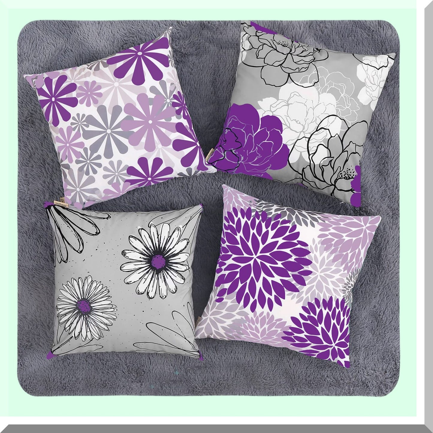 Floral Bliss Double-Sided Throw Pillow Covers - Set of 4 Purple Grey 20x20 Inches - Modern Accent Decorative Cases for Living Room Sofa Bedroom Car